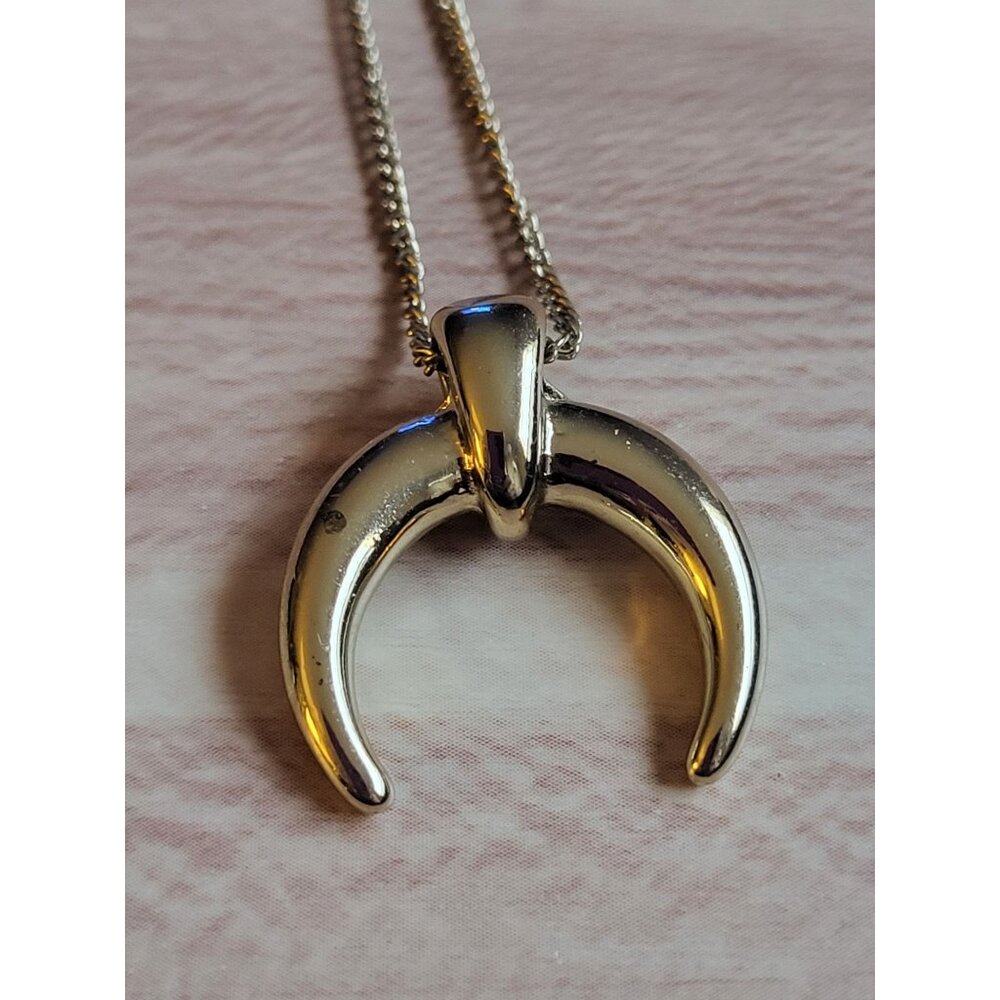 Gold Tone Horn Pendant Necklace Crescent Moon - Picture 4 of 9